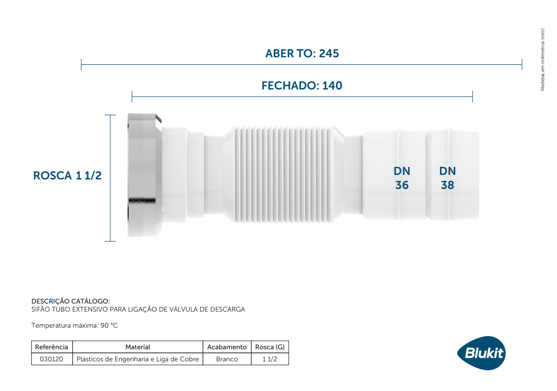 Sifão Tubo Extensivo de Ligação Porca Metal Branco para Vávula de Descarga Blukit 30120